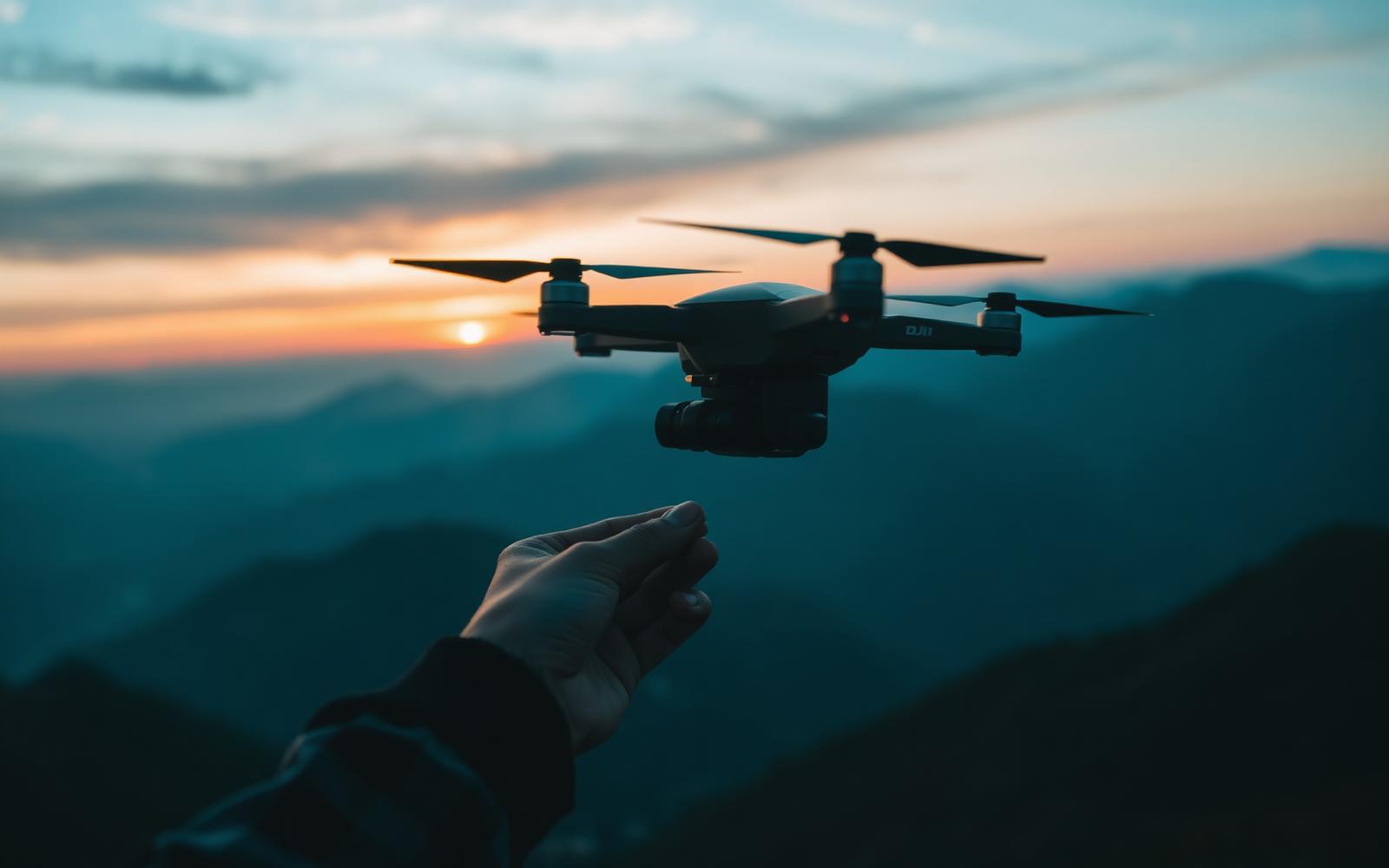 Pilot z dronem DJI o zachodzie słońca w górach